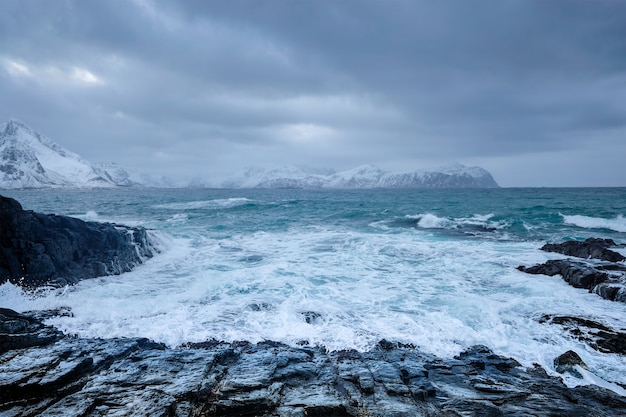 Norweskie fale morskie na skalistym wybrzeżu lofotów norwegia