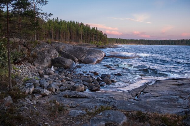 Nos Cape Besov W Jeziorze Onega W Karelii W Północnej Rosji O Letnim Zachodzie Słońca