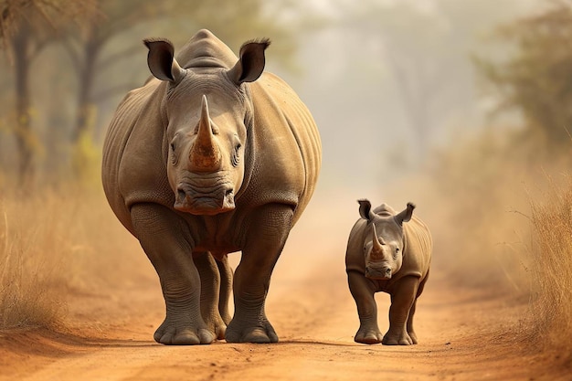 nosorożec i nosorożec spacerują po lesie.