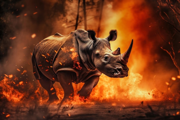 Nosorożec stoi wyzwalająco przed szalejącym pożarem lasu, symbolizując walkę dzikiej przyrody z katastrofami środowiskowymi