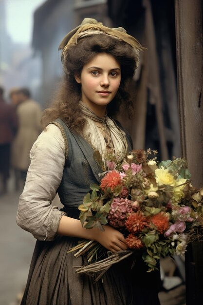 Nostalgia za starym Paryżem Stare zdjęcie młodej pięknej Francuzki z kwiatami z XVIII wieku