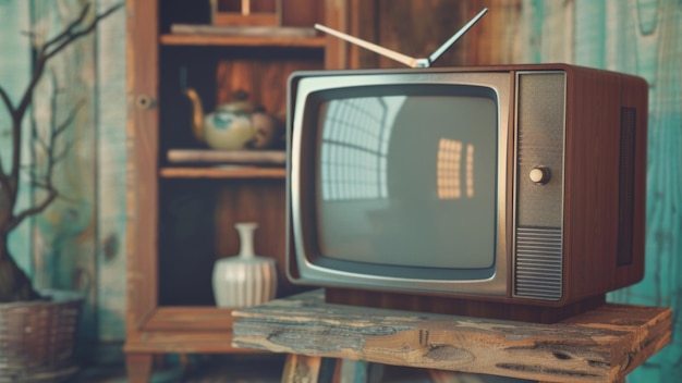 Nostalgiczna scena z starożytnym telewizorem na wiejskim drewnianym stole na błękitnym tle