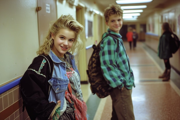 Zdjęcie nostalgiczne dni szkolne żywe spojrzenie na lata dziewięćdziesiątych z uczniami i nastolatkami uchwycającymi istotę kultury młodzieżowej edukacji przyjaźni i kultowej mody