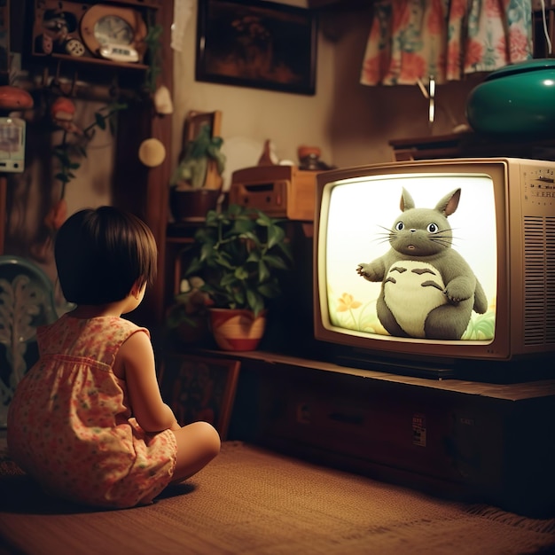Nostalgiczny obraz dziecka oglądającego Totoro na telewizorze CRT w latach 80., wygenerowany przez Japan Ai