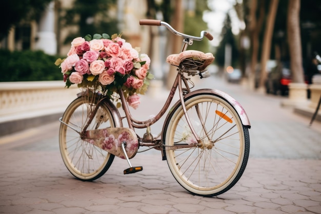 Nostalgiczny urok ozdobiony kwiatami retro rower zdobi ulice miasta ar 32
