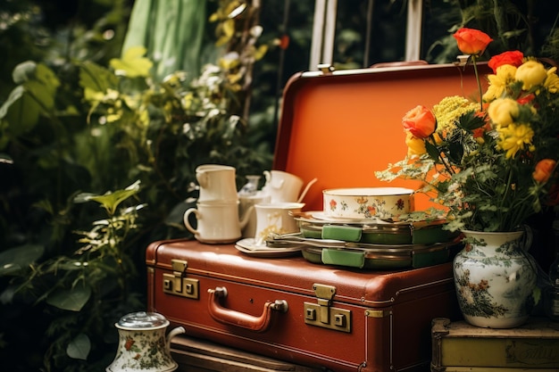 Nostalgiczny urok Starożytne naczynia stołowe ustawione na antycznej walizce w Serene Garden Retreat