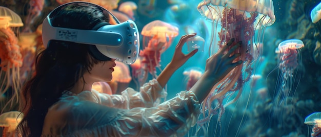 Zdjęcie nosząc słuchawki z rozszerzoną rzeczywistością, artystka tworzy abstrakcyjną 3d rzeźbę meduz za pomocą joysticków i gestów, aby stworzyć wysokiej technologii sztukę koncepcyjną, efekty specjalne animacji 3d