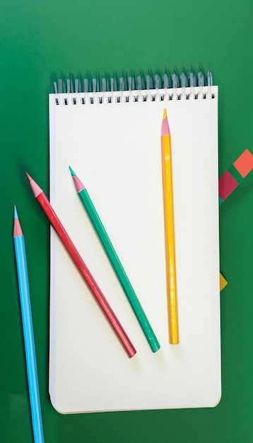 Notatnik i kolorowe ołówki na zielonym tle