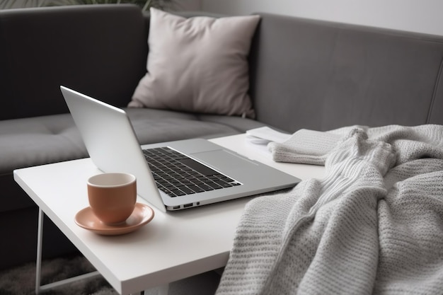 Notatnik na laptopie i kawa na biurku w pobliżu szarej sofy z kocem Praca zdalna w domowym biurze