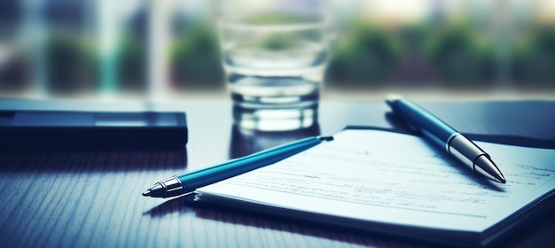 Notatnik na stole z długopisem przed spotkaniem z koncepcją biznesową w kolorze niebieskim z miejscem na kopię