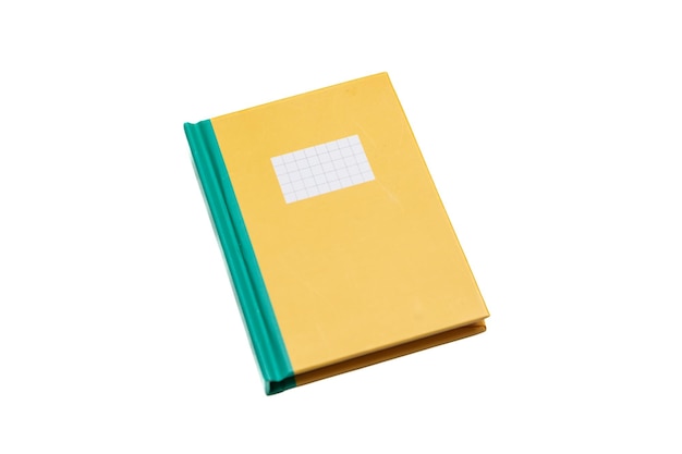 Notatnik odizolowany na białym tle Pusta etykieta żółty notatnik przestrzeń szkolna