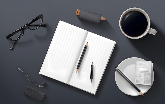 Notatnik z długopisem i filiżanką kawy na stole.
