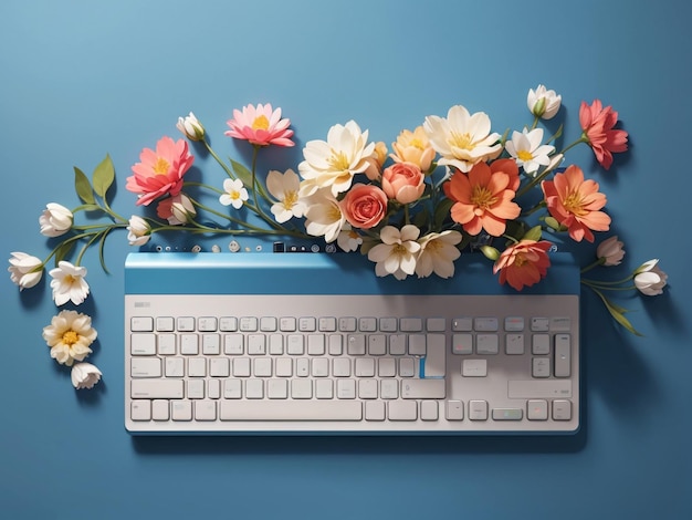 Notatnik z kwiatami na niebieskim tle Pokój dla kreatywności