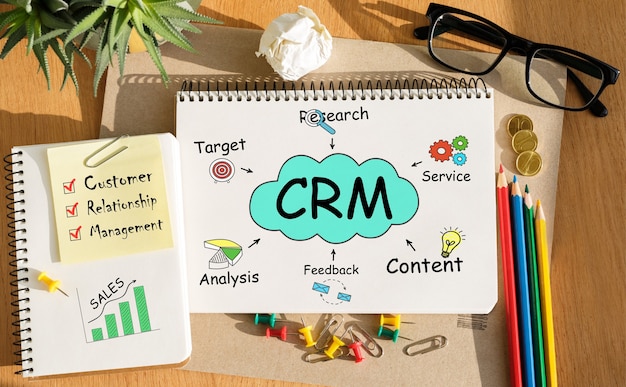 Notatnik z narzędziami i notatkami o CRM, koncepcja