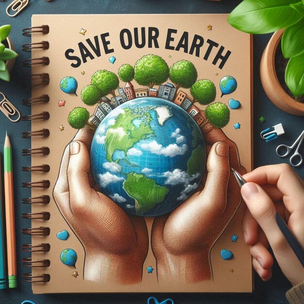 notatnik z zdjęciem osoby trzymającej glob, na którym jest napisane "Ocalcie naszą Ziemię"