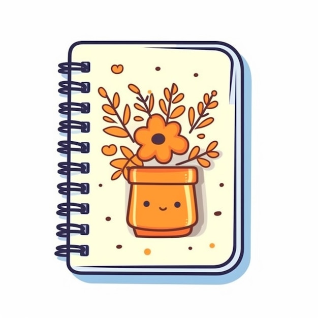 notebook z kreskówką z doniczką i uśmiechniętą twarzą