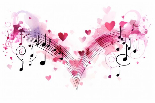 Noty muzyczne w kolorze różowym na temat miłości Dzień Walentynek Ilustracja akwarelowa Białe tło