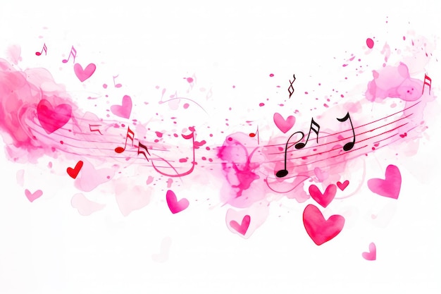 Noty muzyczne w kolorze różowym na temat miłości Dzień Walentynek Ilustracja akwarelowa Białe tło