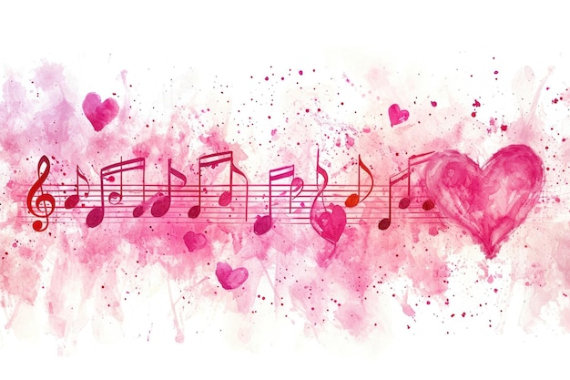 Zdjęcie noty muzyczne w kolorze różowym na temat miłości dzień walentynek ilustracja akwarelowa białe tło