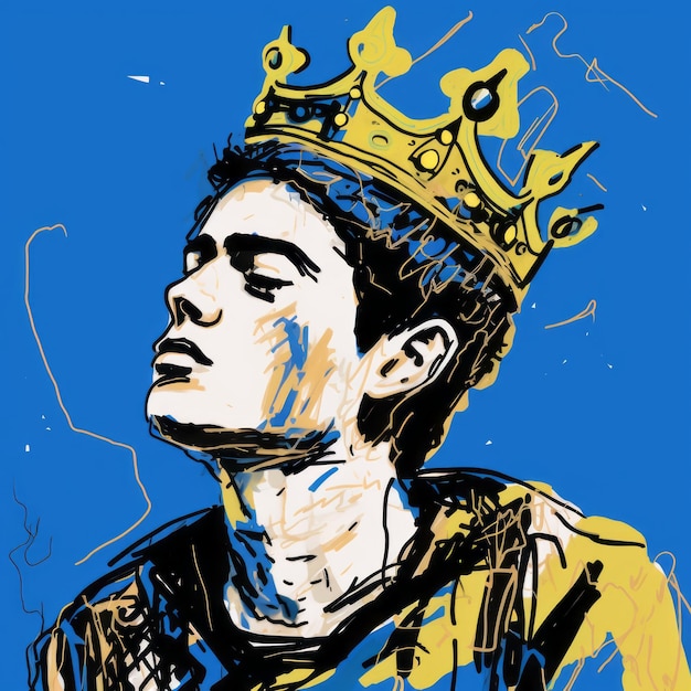 Zdjęcie now pop art revival a crowned man in blue and amber (koronowany człowiek w niebieskim i bursztynowym)