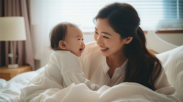 Nowa azjatycka mama bawi się z uroczym noworodkiem na łóżku, uśmiechając się i będąc szczęśliwym w domu