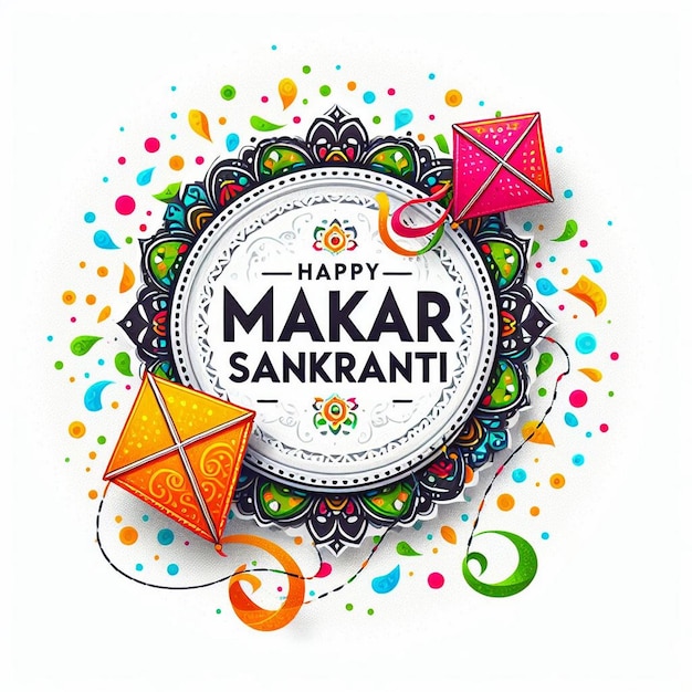 Nowa karta powitalna Makar Sankranti biały design karty Makar Sankranti z kolorowymi latawcami