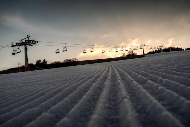 Nowa przygotowana trasa narciarska lub świeży stok Pusty wyciąg narciarski w tle