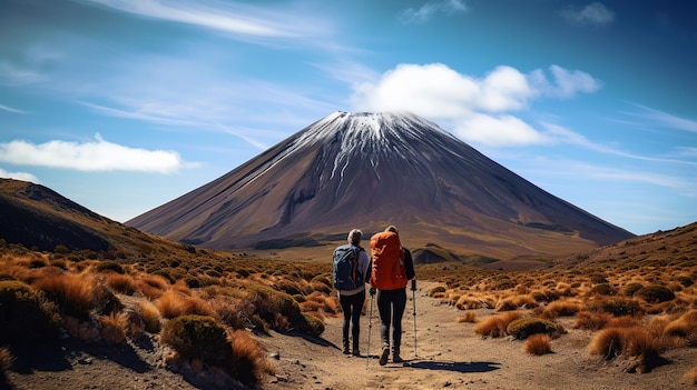 Nowa Zelandia Para turystów pieszych wędrujących z plecakiem w Parku Narodowym Tongariro Mężczyźni i kobiety wędrują przez górę Ngauruhoe