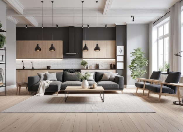 Nowe nowoczesne skandynawskie mieszkanie na strychu 3D
