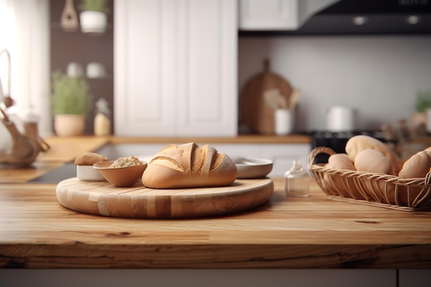 Nowe nowoczesne wnętrze kuchni Renderowanie 3D drewnianej skandynawskiej kuchni z białym generatywnym AI