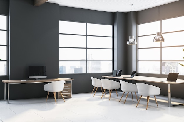 Nowe przestronne drewniane i betonowe wnętrze biura coworking z panoramicznymi oknami i ciemnymi ścianami z widokiem na miasto Koncepcja miejsca pracy 3D Rendering