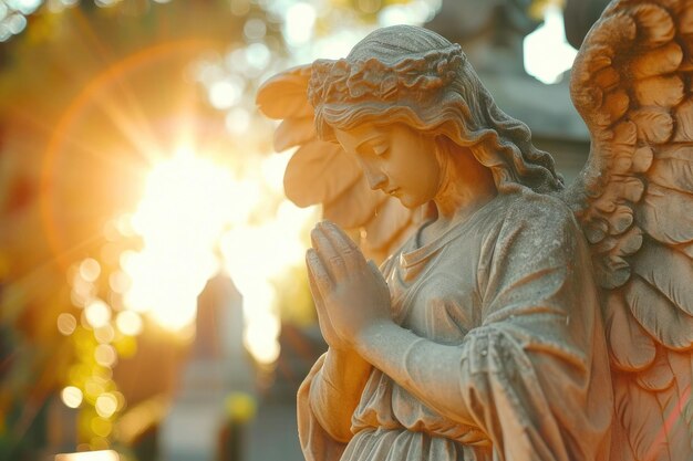 Zdjęcie nowe światło nadziei aniołowa postać na złotym cmentarzu