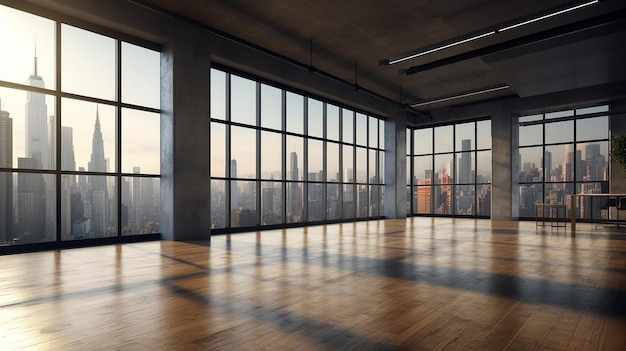 Nowe wnętrze biurowe z betonu szklanego z drewnianymi meblami podłogowymi i wyposażeniem z widokiem na miasto