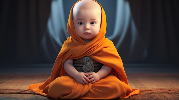 Nowicjusz, mały mnich, pomarańczowa szata, siedzący budda. Obraz sztuki wygenerowanej przez sztuczną inteligencję