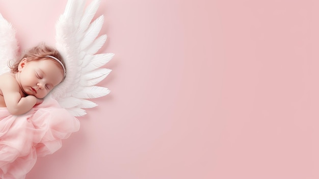 Nowo narodzona dziewczynka z skrzydłami anioła na różowym tle