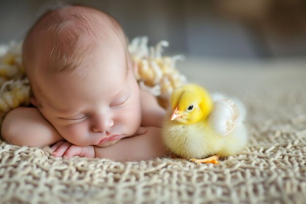 Nowo narodzone dziecko spoczywa z pojedynczym kaczątkiem u boku na teksturowanym tle, uchwycając chwilę pokojowego współistnienia i czułości.