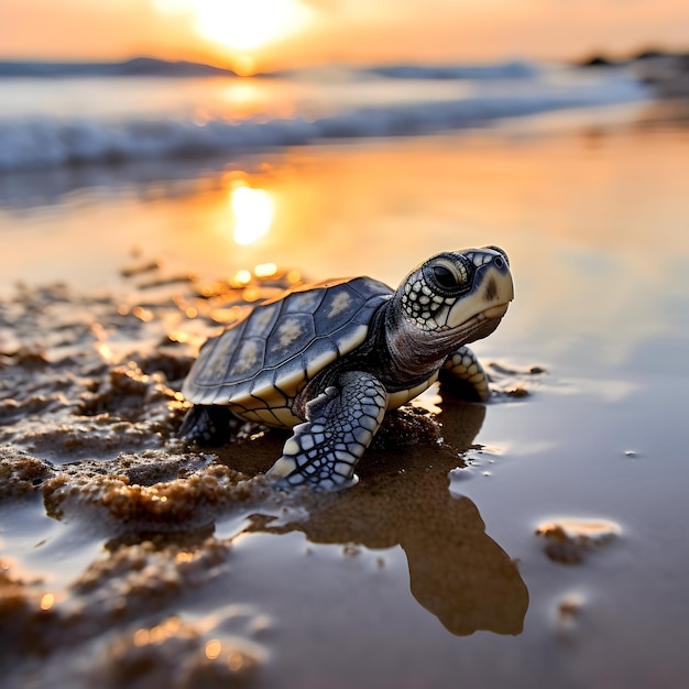 nowo narodzony żółw idący po mokrym piasku na krawędzi oceanu