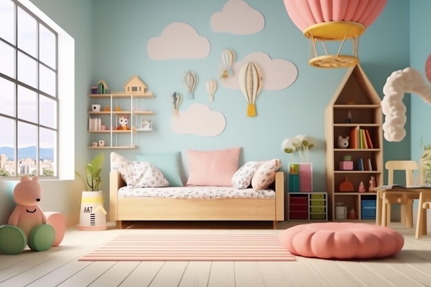 Nowoczesna aranżacja wnętrz sypialni dla dzieci w domu z dekoracją dla dzieci Kolorowa sypialnia dla dzieci