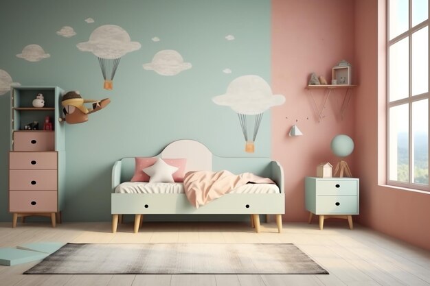 Nowoczesna aranżacja wnętrz sypialni dla dzieci w domu z dekoracją dla dzieci Kolorowa sypialnia dla dzieci
