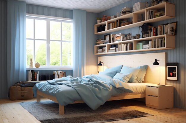 Nowoczesna aranżacja wnętrz sypialni w mieszkaniu lub domu z meblami Luksusowa sypialnia w stylu skandynawskim