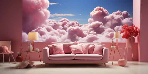 Nowoczesna Barbie różowa i niebieska sypialnia z różowym oknem łóżka i pięknymi chmurami