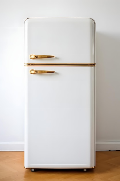 Zdjęcie nowoczesna biała lodówka z eleganckimi złotymi uchwytami dla stylowego projektu kuchni generatywna sztuczna inteligencja