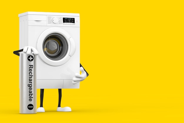 Nowoczesna biała maskotka charakter pralki z akumulatorem na żółtym tle. Renderowanie 3D