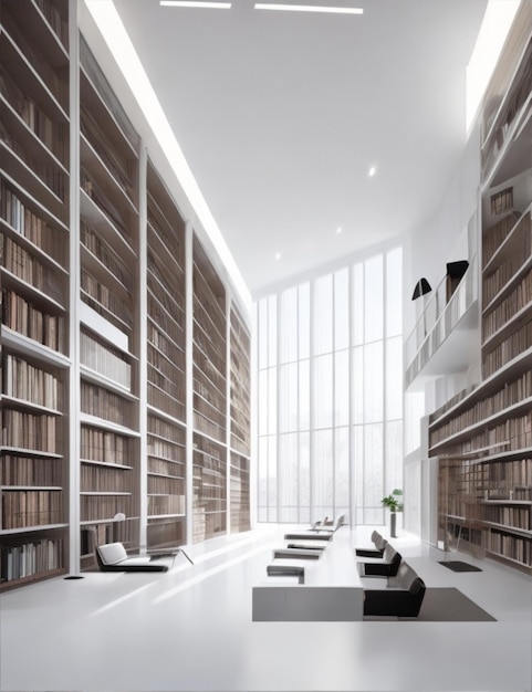 Nowoczesna biblioteka z eleganckim minimalistycznym designem i rzędami rozciągających się półek na książki