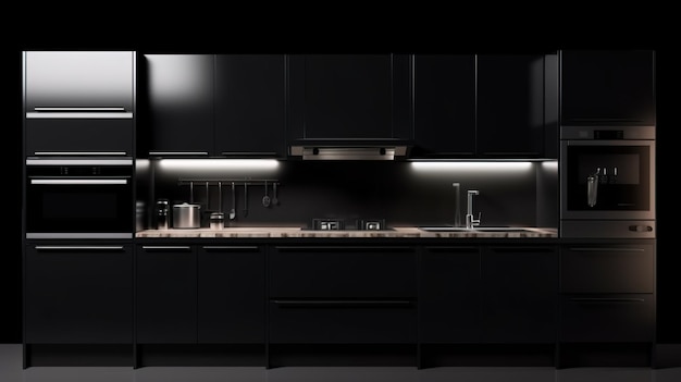 Nowoczesna ciemna kuchnia z podświetleniem minimalistyczny projekt wnętrza na czarnym tle izolowany makietę banera nagłówka z generowaną przez AI przestrzenią kopiowania