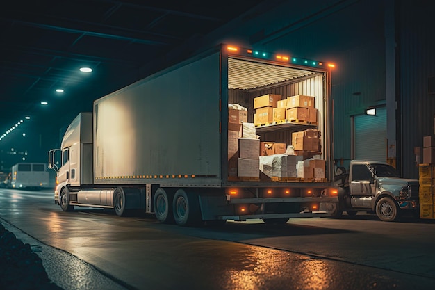 Nowoczesna ciężarówka wypełniona pudłami w zatoce transportowej wydajność łańcucha dostaw Generative AI