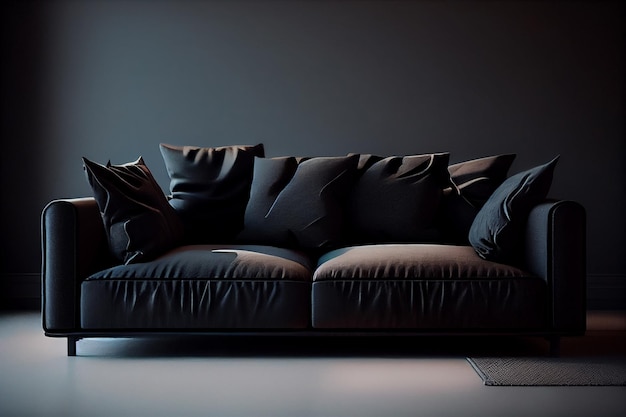 Nowoczesna czarna skórzana sofa z poduszkami na ciemnym tlegenerative ai
