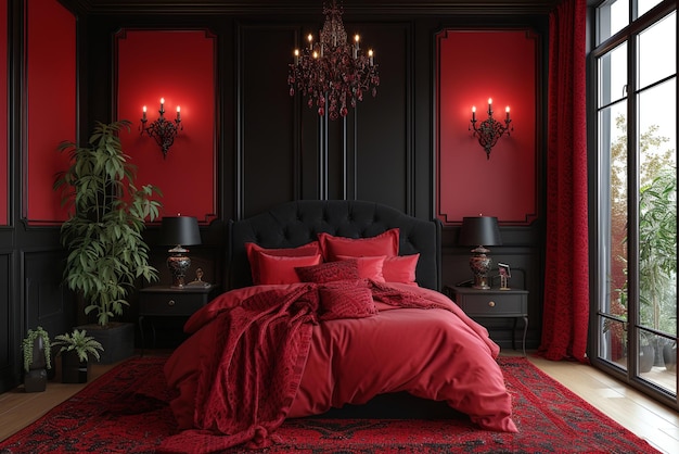 Nowoczesna czarno-czerwona sypialnia w klasycznym stylu