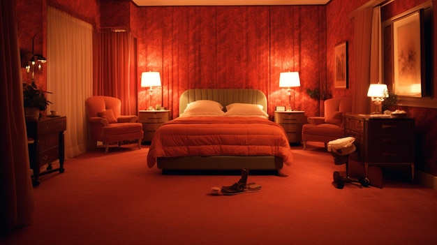 Nowoczesna czerwień w stylu vintage hotelowej sypialni Sztuka wygenerowana przez sztuczną inteligencję