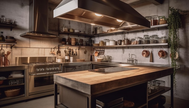 Nowoczesna domowa kuchnia z urządzeniami ze stali nierdzewnej generowana przez AI